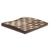 Diagonal view of solid beech wood 3D Chess Board with walnut and mother of pearl inlays with pyramid-style design and 50mm squares.