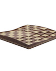Diagonal view of solid beech wood 3D Chess Board with walnut and mother of pearl inlays with pyramid-style design and 50mm squares.