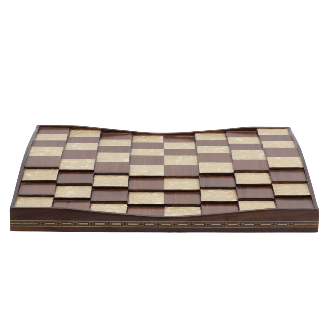 Side view of of solid beech wood 3D Chess Board with walnut and mother of pearl inlays with pyramid-style design and 50mm squares.