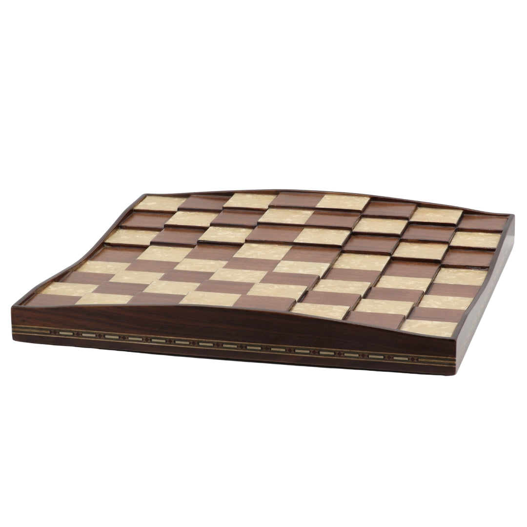 Side front view of solid beech wood 3D Chess Board with walnut and mother of pearl inlays with pyramid-style design and 50mm squares.