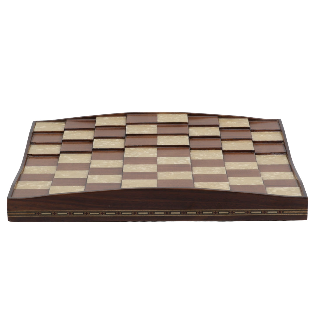Frontal view of solid beech wood 3D Chess Board with walnut and mother of pearl inlays with pyramid-style design and 50mm squares.