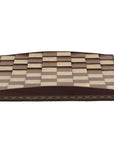 Frontal view of solid beech wood 3D Chess Board with walnut and mother of pearl inlays with pyramid-style design and 50mm squares.