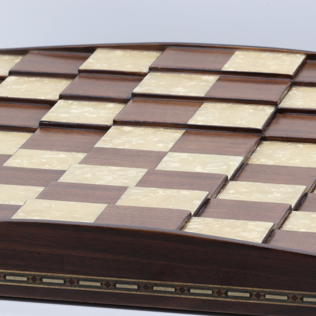 Close up view showing different 3D square levels of solid beech wood 3D Chess Board with walnut and mother of pearl inlays with pyramid-style design and 50mm squares.