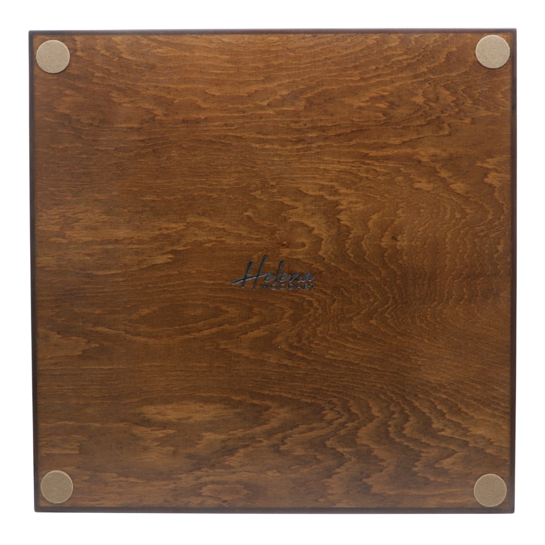 Underside of solid beech wood 3D Chess Board with walnut and mother of pearl inlays with pyramid-style design and 50mm squares showing Helena Wood Art Logo