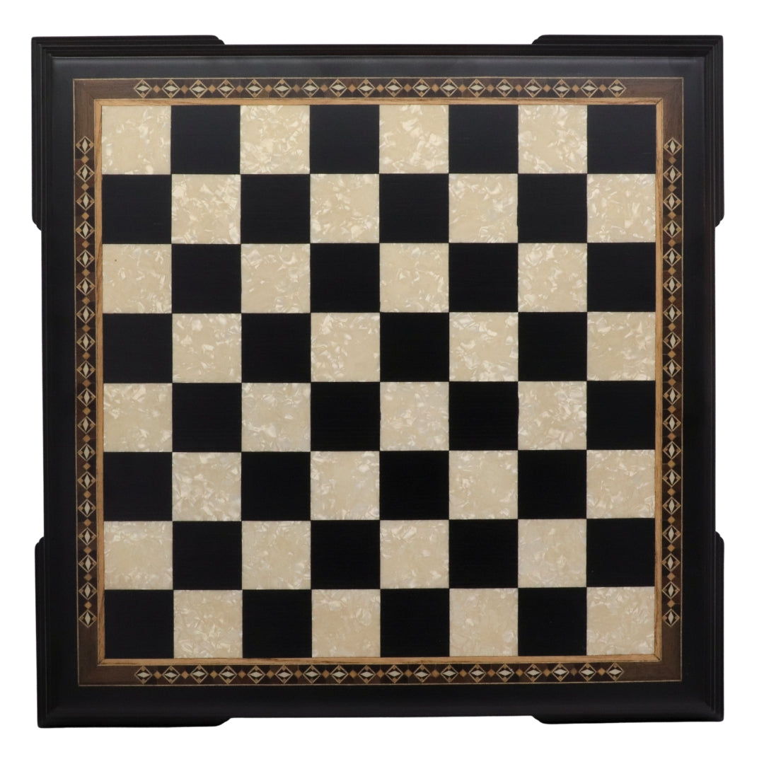Top view of 50cm Beech Chess Board handcrafted in Turkey with black stained wood and mother-of-pearl inlay with 50mm squares