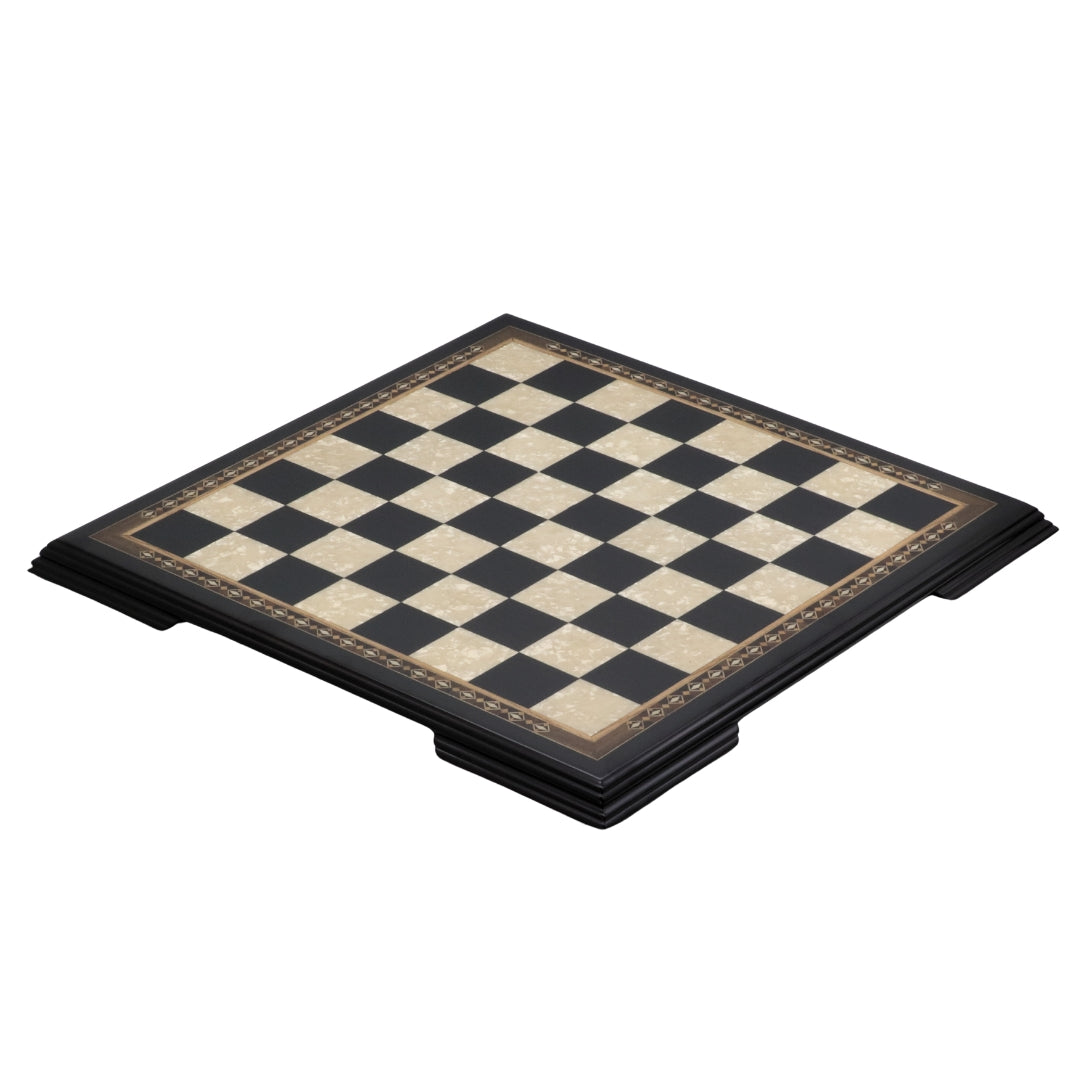 Diagonal front view of 50cm Beech Chess Board handcrafted in Turkey with black stained wood and mother-of-pearl inlay with 50mm squares