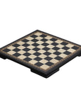 Diagonal front view of 50cm Beech Chess Board handcrafted in Turkey with black stained wood and mother-of-pearl inlay with 50mm squares
