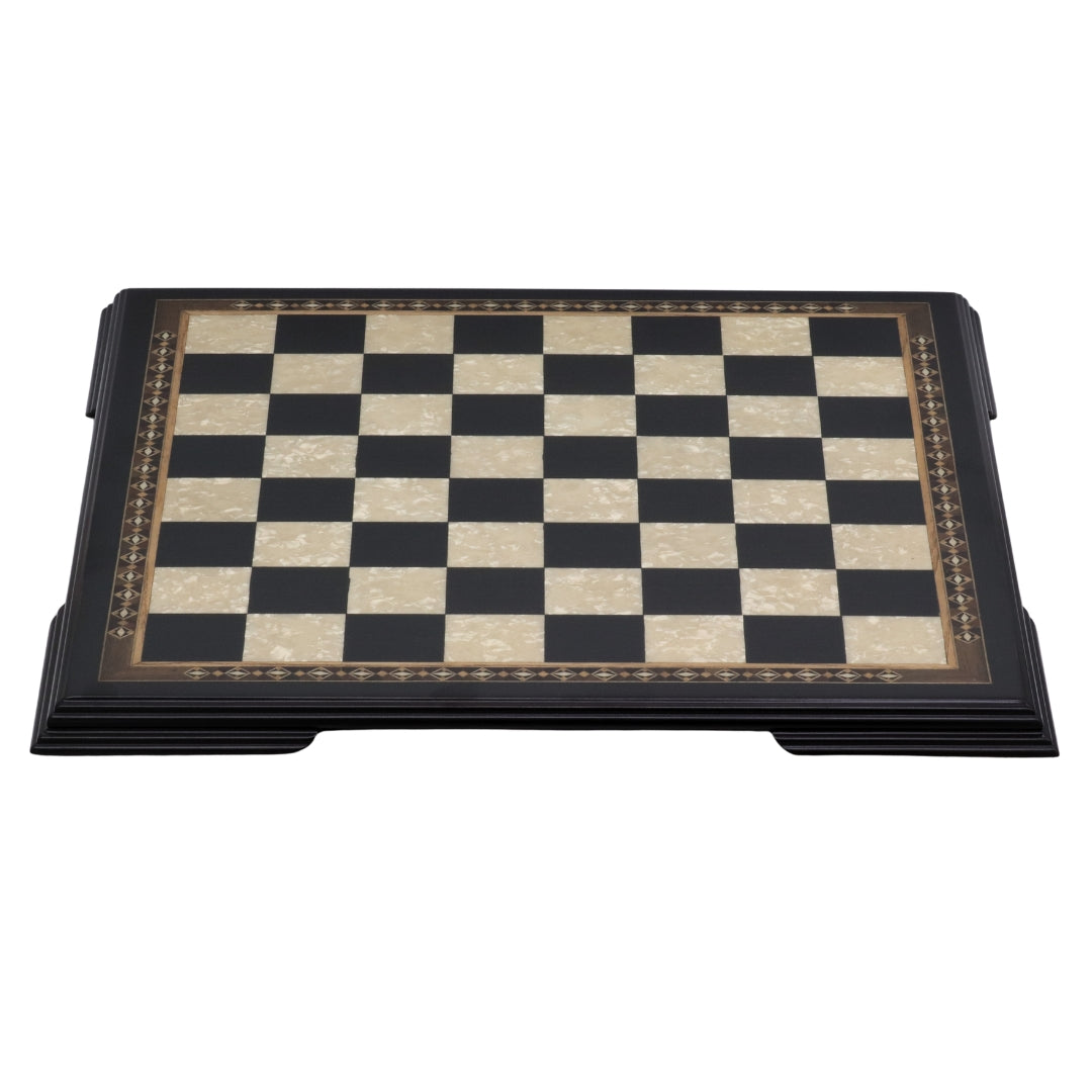 Front angle of 50cm Beech Chess Board handcrafted in Turkey with black stained wood and mother-of-pearl inlay with 50mm squares