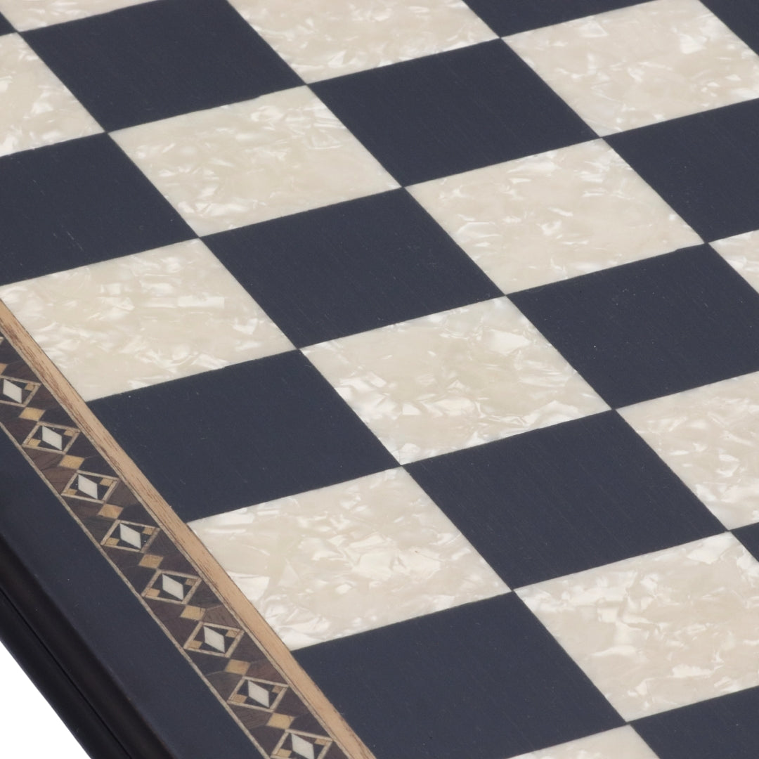Close-up view of 50cm Beech Chess Board handcrafted in Turkey with black stained wood and mother-of-pearl inlay with 50mm squares
