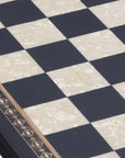 Close-up view of 50cm Beech Chess Board handcrafted in Turkey with black stained wood and mother-of-pearl inlay with 50mm squares