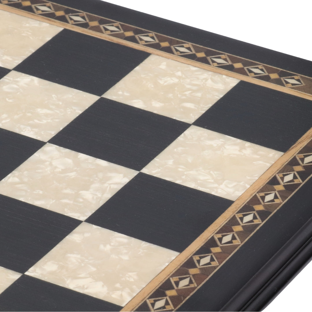 Close up view of mosaic border on 50cm Beech Chess Board handcrafted in Turkey with black stained wood and mother-of-pearl inlay with 50mm squares