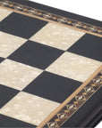 Close up view of mosaic border on 50cm Beech Chess Board handcrafted in Turkey with black stained wood and mother-of-pearl inlay with 50mm squares