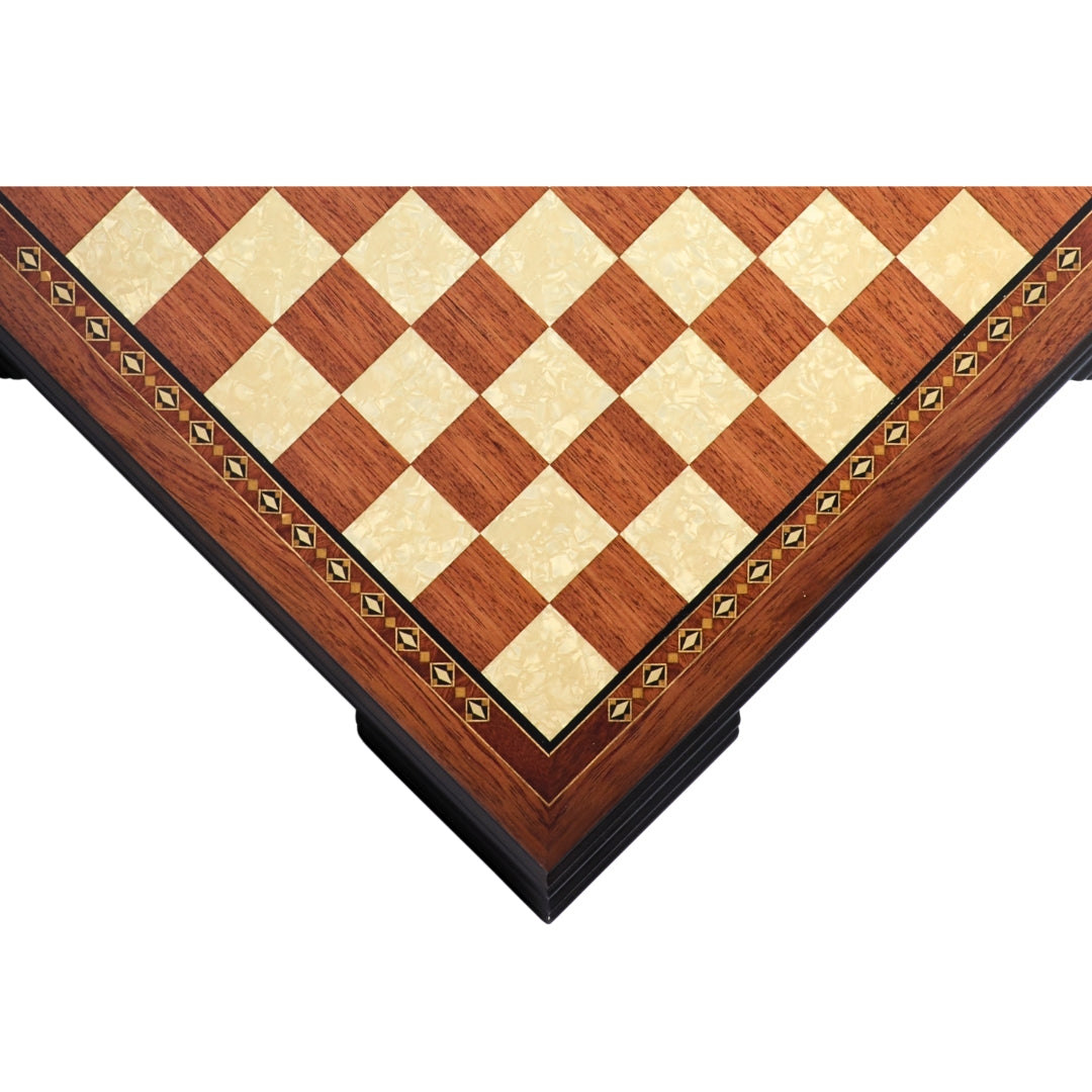 Top corner view of 42cm Beech Chess Board handcrafted in Turkey with rosewood and mother-of-pearl inlay with 42mm squares.