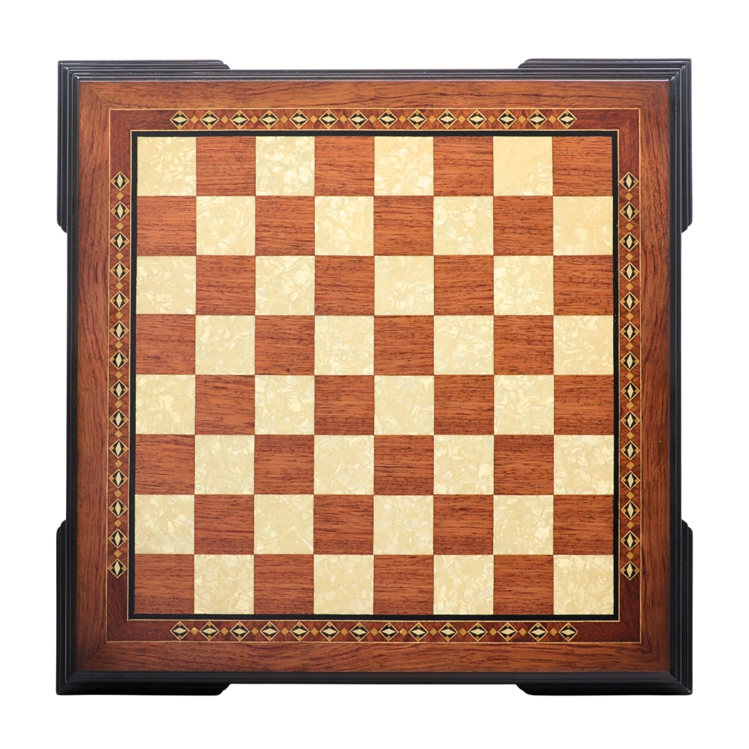 Top view of 42cm Beech Chess Board handcrafted in Turkey with rosewood and mother-of-pearl inlay with 42mm squares.