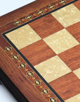 Close up view of rosewood and mother-of-pearl inserts squares in 42cm Beech Chess Board