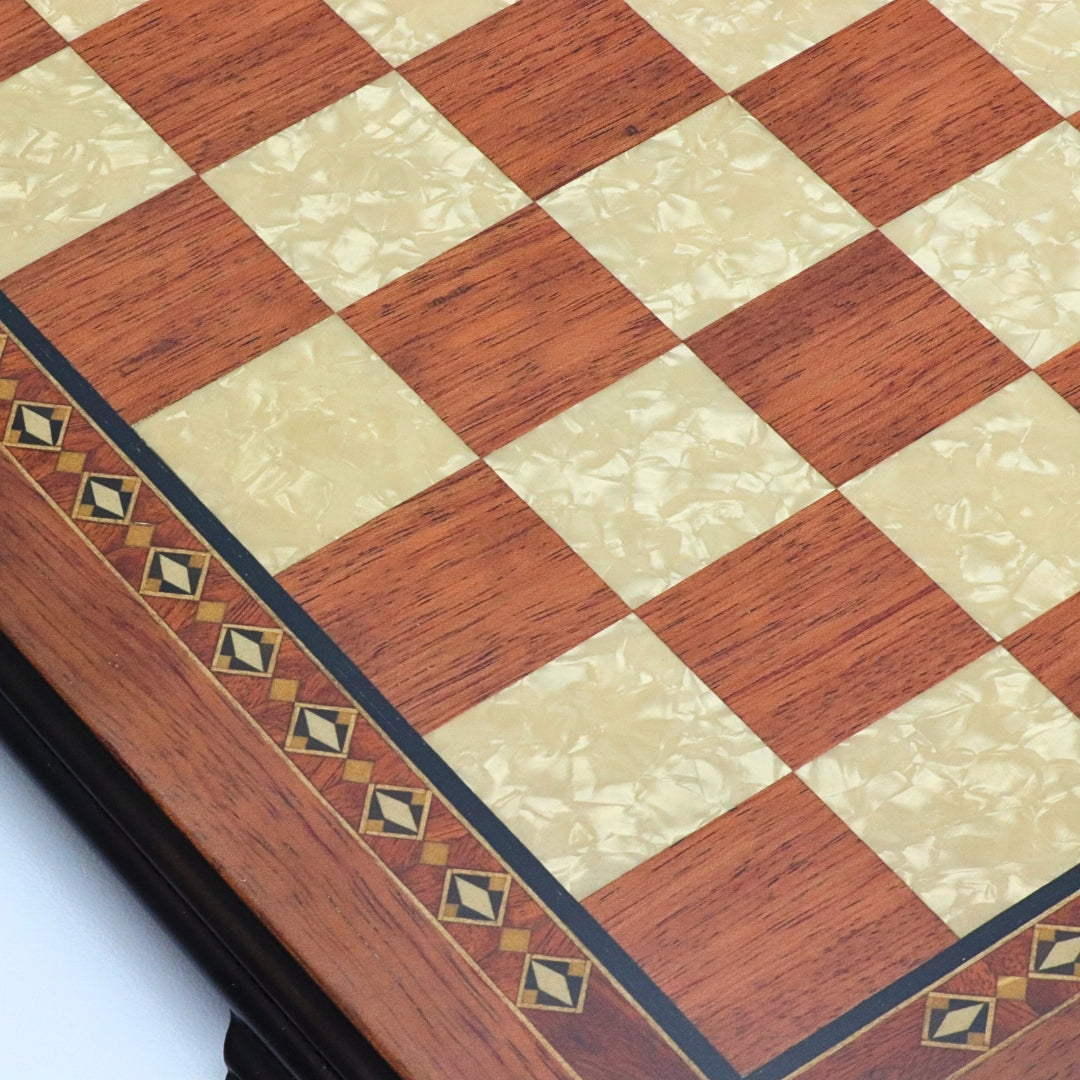 Close up view of rosewood and mother-of-pearl inserts squares in 42cm Beech Chess Board