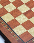 Close up view of rosewood and mother-of-pearl inserts squares in 42cm Beech Chess Board