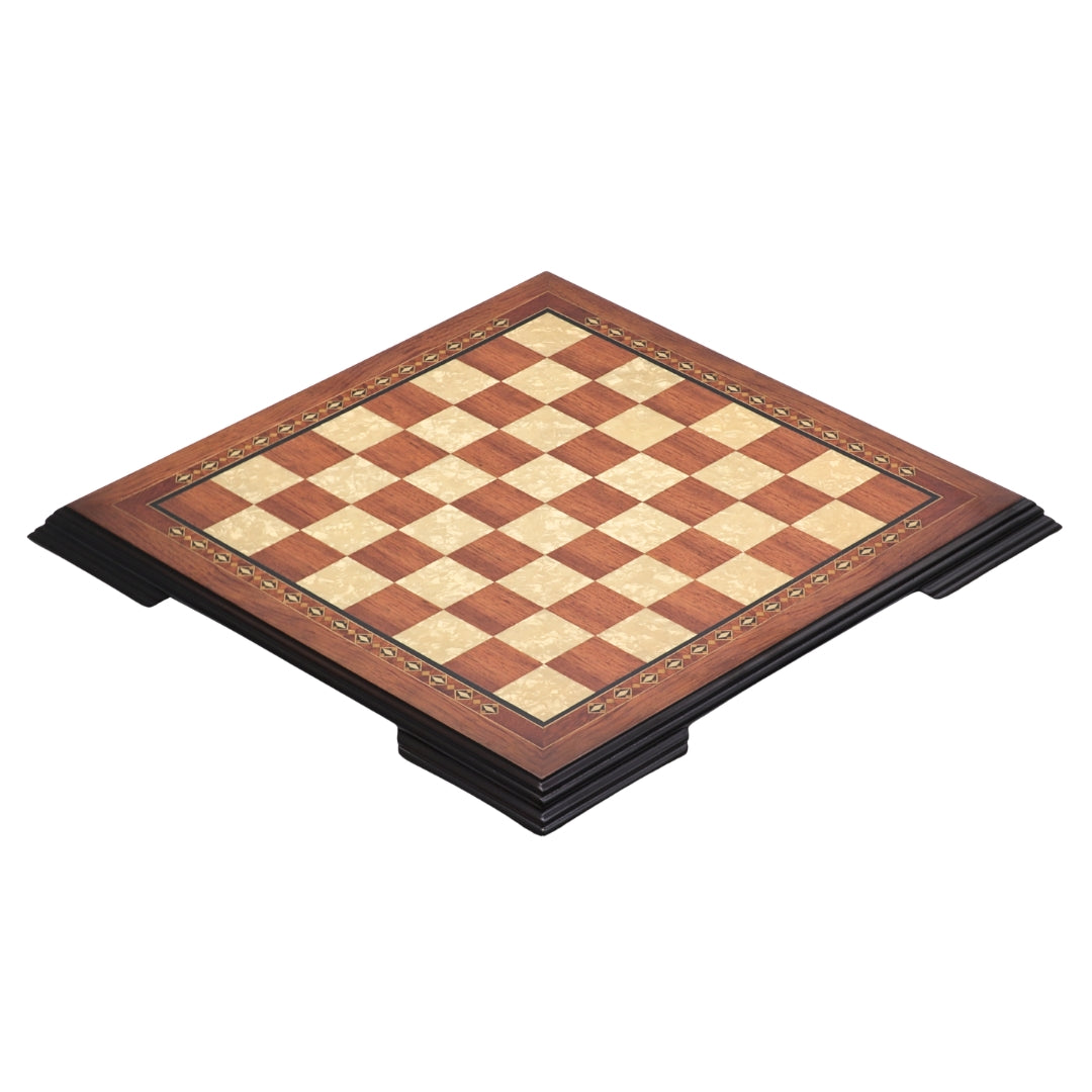 Side top view of 42cm Beech Chess Board handcrafted in Turkey with rosewood and mother-of-pearl inlay with 42mm squares.
