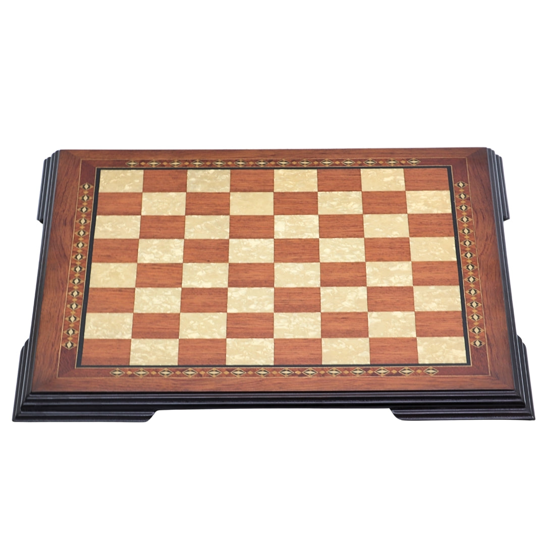 Angled top view of 42cm Beech Chess Board handcrafted in Turkey with rosewood and mother-of-pearl inlay with 42mm squares.
