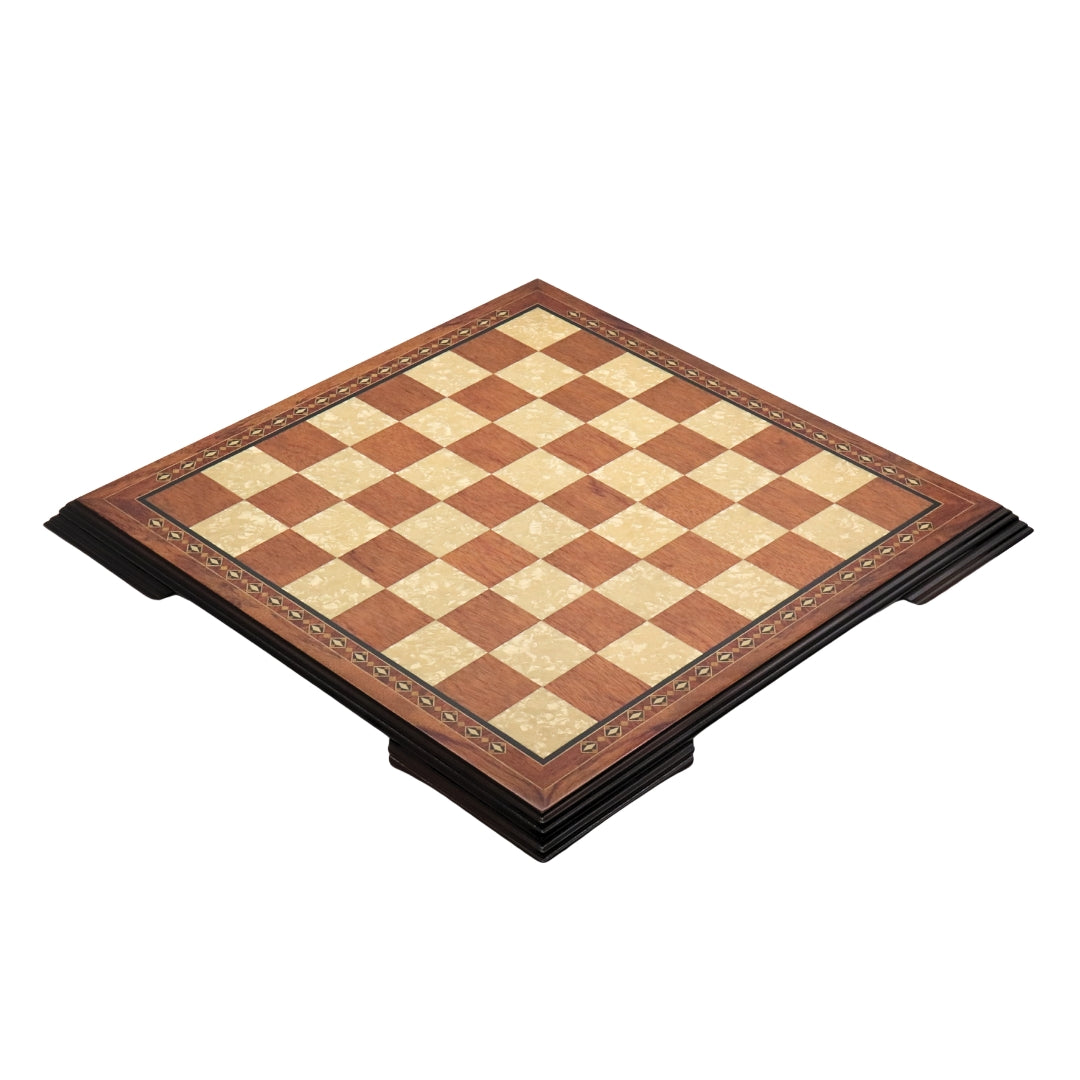 Angled top view of 50cm Beech Chess Board handcrafted in Turkey with rosewood and mother-of-pearl inlay with 50mm squares.