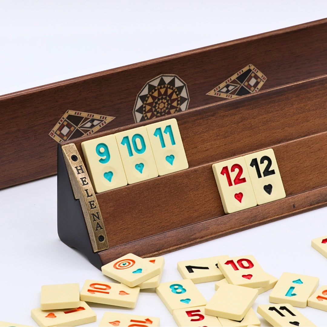 Solid beech wood Rummikub set front and back of racks showing geometric mosaic inlay detail and melamine tiles