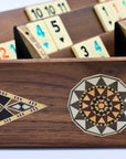 Solid beech wood Rummikub set front and back of racks showing geometric mosaic inlay detail and melamine tiles