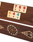 Solid beech wood Rummikub set front and back of racks showing geometric mosaic inlay detail and melamine tiles
