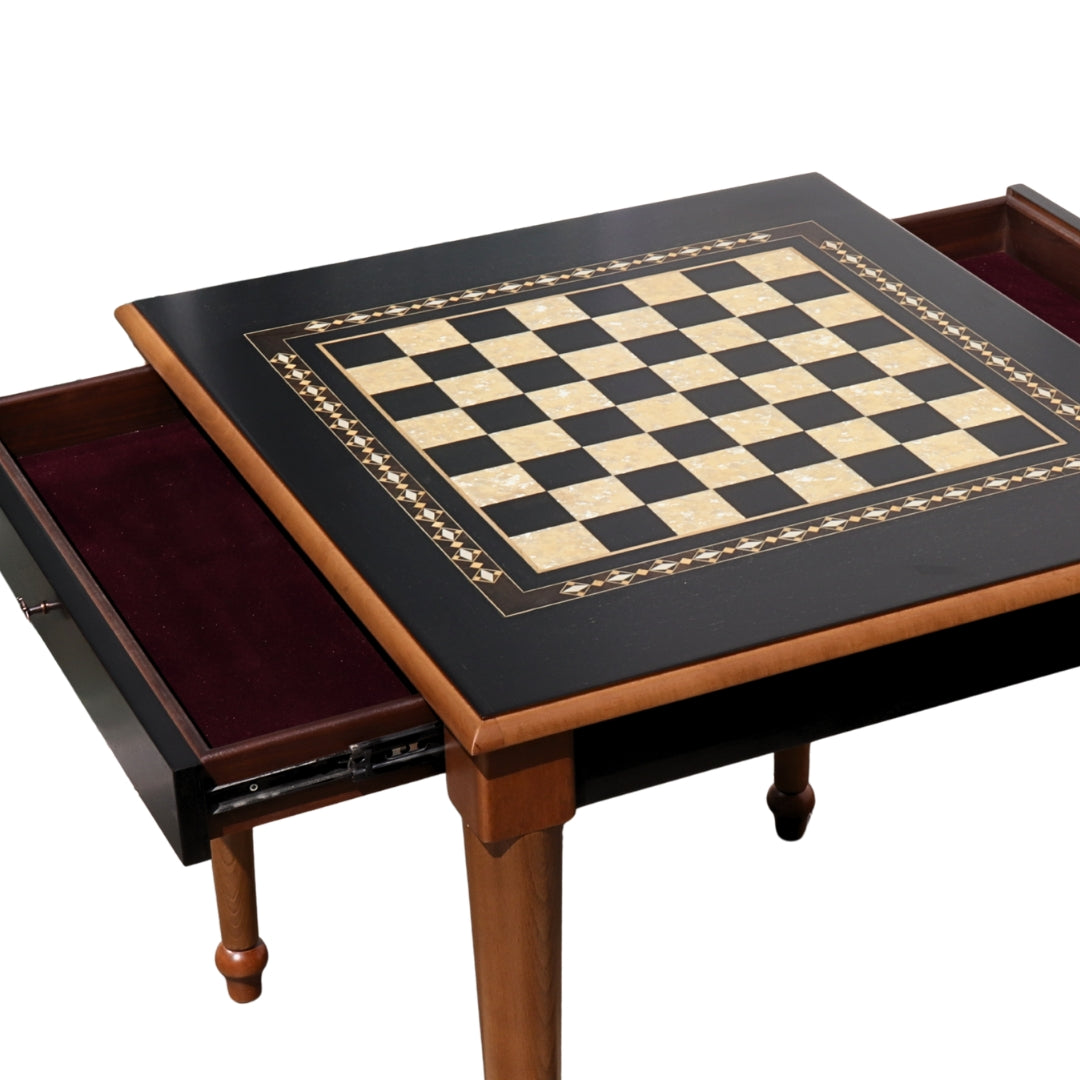Top overview of Black Chess Table with Drawers featuring Mother of Pearl inlaid design and robust walnut legs, showing drawers open and chess board playing surface