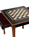 Top overview of Black Chess Table with Drawers featuring Mother of Pearl inlaid design and robust walnut legs, showing drawers open and chess board playing surface