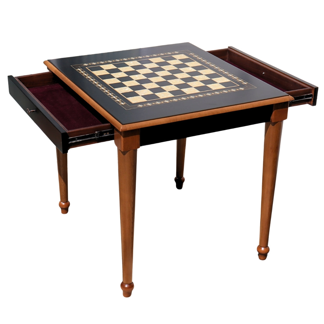 Side top overview of Black Chess Table with Drawers featuring Mother of Pearl inlaid design and robust walnut legs, unique craftsmanship showing both drawers open