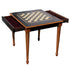 Side top overview of Black Chess Table with Drawers featuring Mother of Pearl inlaid design and robust walnut legs, unique craftsmanship showing both drawers open