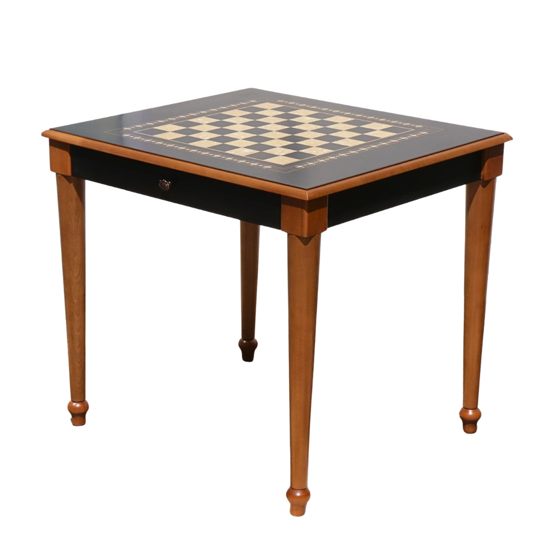Side top overview of Black Chess Table with Drawers featuring Mother of Pearl inlaid design and robust walnut legs, unique craftsmanship showing both drawers closed