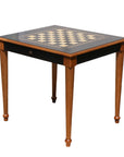 Side top overview of Black Chess Table with Drawers featuring Mother of Pearl inlaid design and robust walnut legs, unique craftsmanship showing both drawers closed