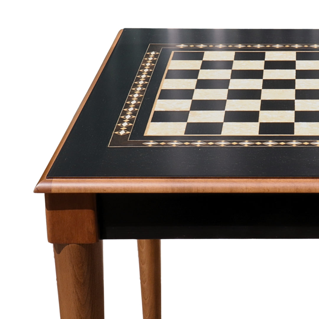 Side view of Black Chess Table with Drawers featuring Mother of Pearl inlaid design and robust walnut legs
