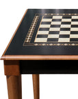 Side view of Black Chess Table with Drawers featuring Mother of Pearl inlaid design and robust walnut legs