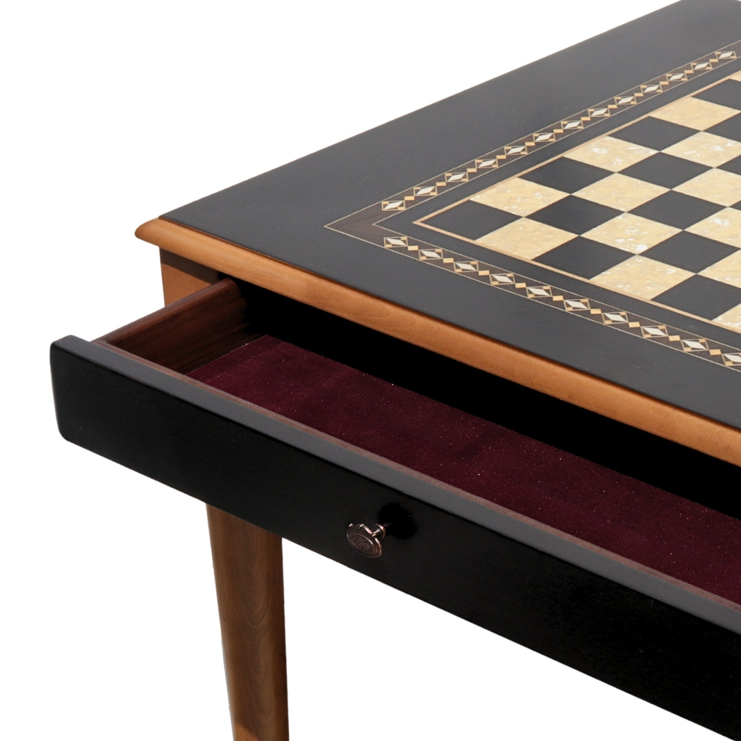 Close-up side top overview of Black Chess Table with Drawers featuring Mother of Pearl inlaid design and robust walnut legs, showing one drawer open and chess board playing surface