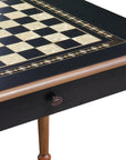 Close-up side top overview of Black Chess Table with Drawers featuring Mother of Pearl inlaid design and robust walnut legs, showing closed drawer with handle and chess board playing surface