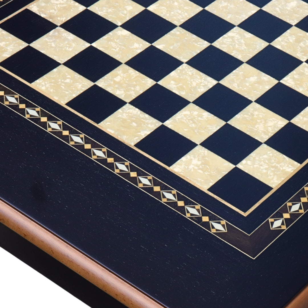 Close-up top view of Black Chess Table with Drawers featuring Mother of Pearl inlaid design and robust walnut legs, showing intricate detail of chess board playing surface