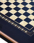 Close-up top view of Black Chess Table with Drawers featuring Mother of Pearl inlaid design and robust walnut legs, showing intricate detail of chess board playing surface