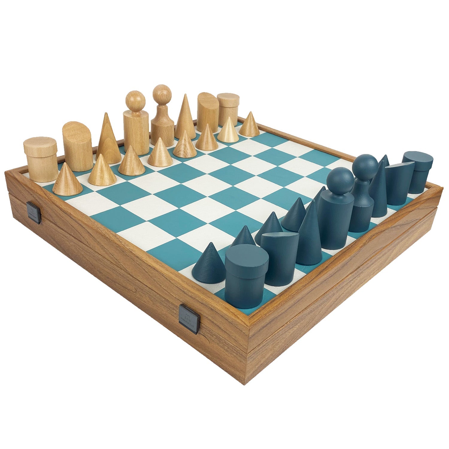 BAUHAUS STYLE | Wooden Chess Pieces | King 8.5cm | Leatherette Inlaid Chess Board | 40cm board