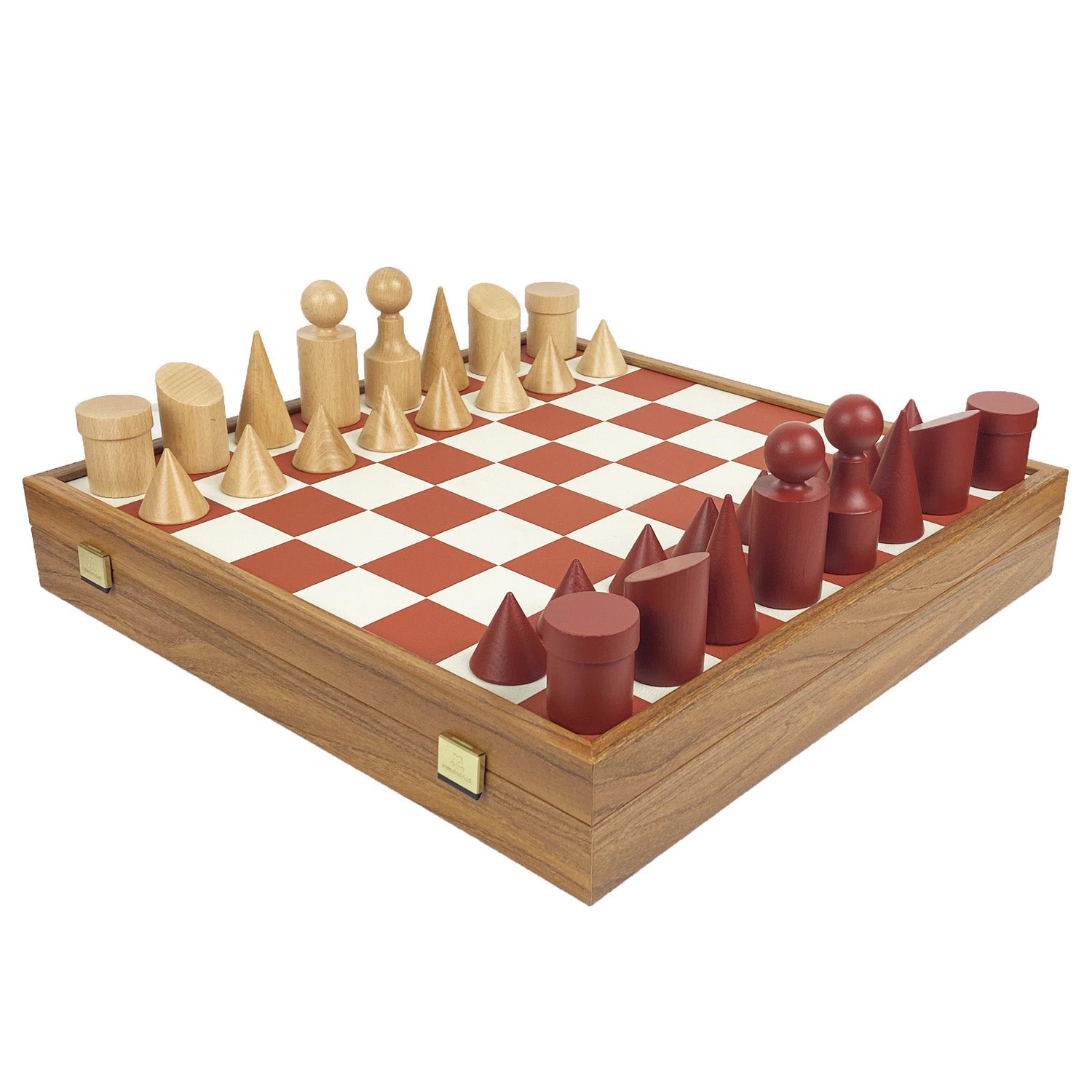 BAUHAUS STYLE | Wooden Chess Pieces | King 8.5cm | Leatherette Inlaid Chess Board | 40cm board