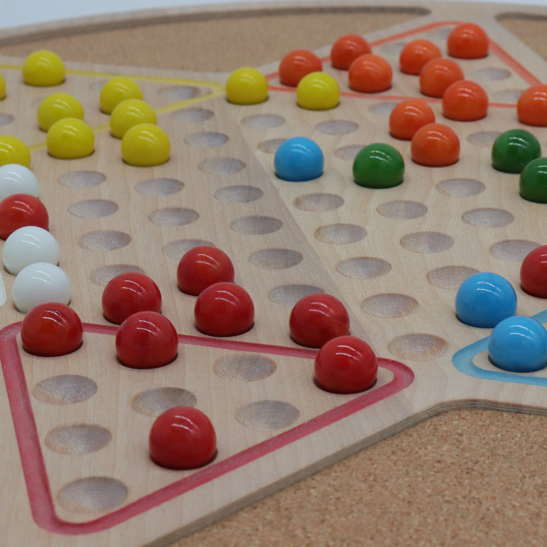 CHINESE CHECKERS | 42 cm | Solid Wood with Cork Inlays | Marbles