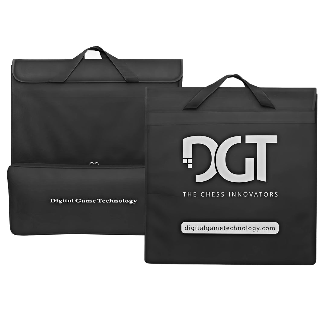 Front and back view of padded DGT carry bag for electronic chess board and accessories