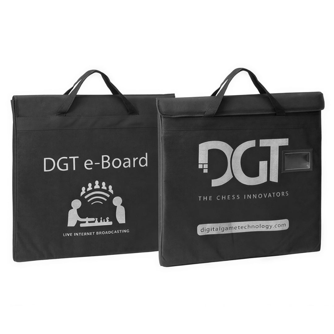 Front and back of DGT storage bag for electronic chess board with padded protection