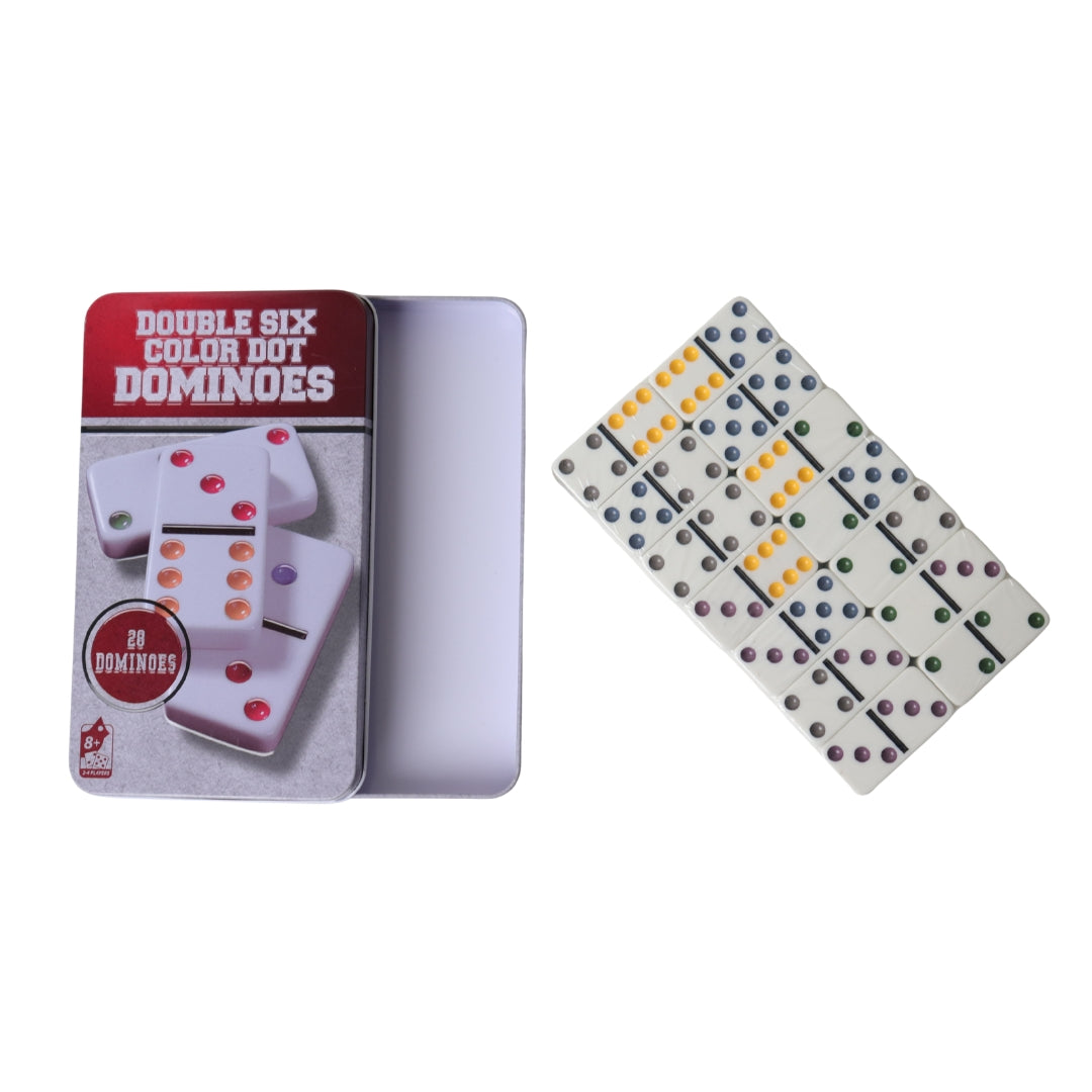 Plastic Domino Set with Tin | White with Coloured Dots | 28-Piece