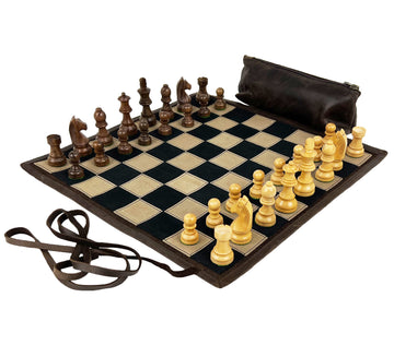 Leather Roll-up chess | Wooden pieces | travel