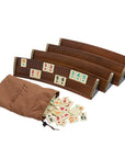 Luxury Rummikub set with 4 curved solid beech wood racks, 106 heat-treated melamine tiles with drawstring bag by Helena Wood Art