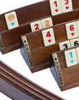Close-up of luxury Rummikub set showing curvature of solid beech wood racks holding heat-treated melamine tiles by Helena Wood Art