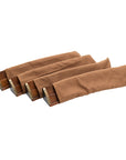Close-up of luxury Rummikub set showing curved solid beech wood racks in velvet protective pouches by Helena Wood Art