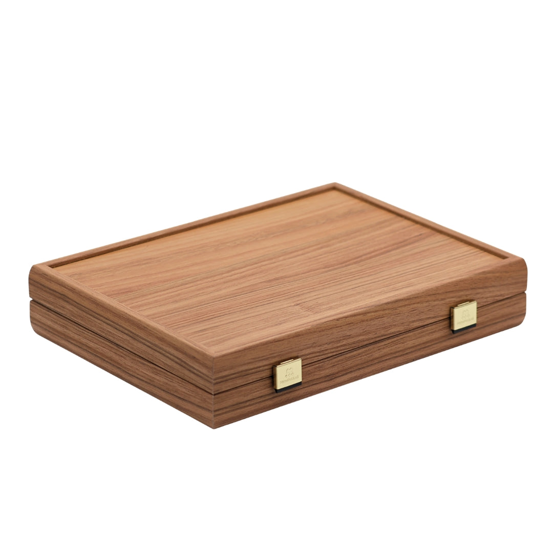 Closed Premium mahjong tile set with walnut replica case viewed from angled perspective showcasing case exterior